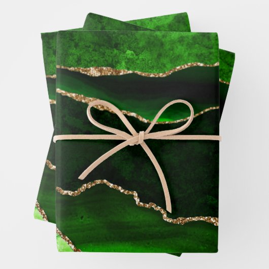 Elegant Green en Gold Faux Glitter Agate Inpakpapier Vel (In situ)