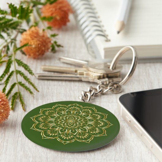 Elegant Green en Gold Floral Mandala Pattern Sleutelhanger (Zijkant)