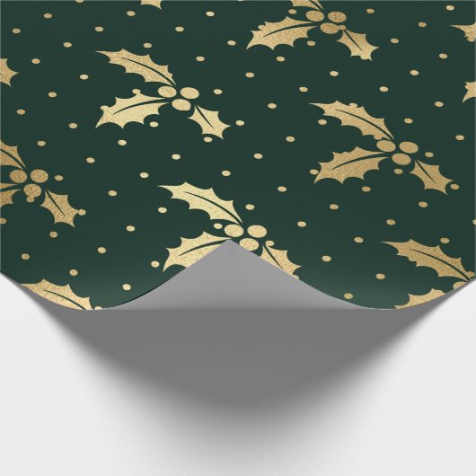 Elegant Green en Gold Foil Kerstmis Holly Cadeaupapier (Hoek)