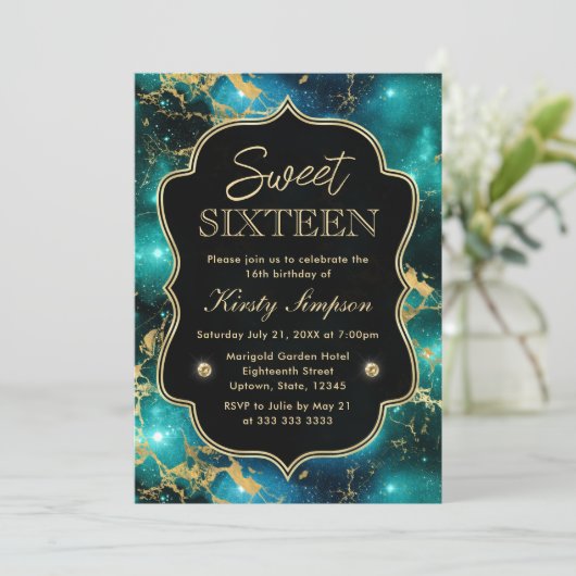 Elegant Green en Gold Galaxy Marble Sweet Sixteen Kaart (Staand voorkant)