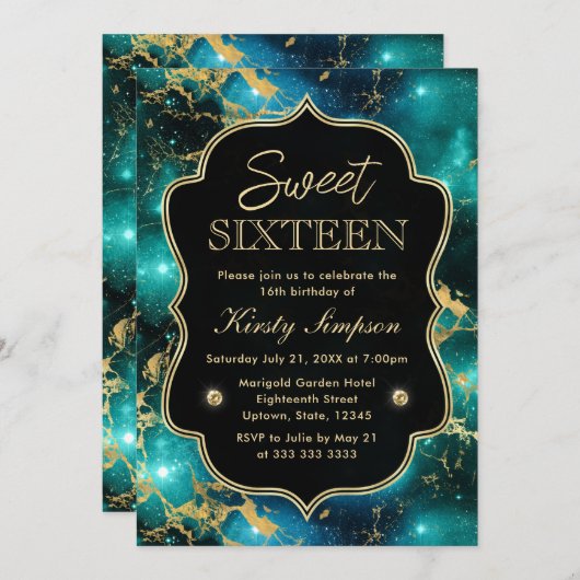 Elegant Green en Gold Galaxy Marble Sweet Sixteen Kaart (Voorkant / Achterkant)