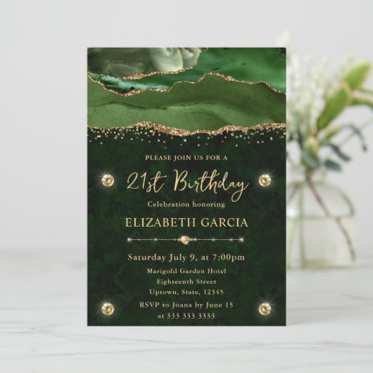 Elegant Green en Gold Glitter Agate 21st Birthday Kaart (Staand voorkant)