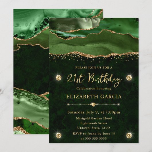 Elegant Green en Gold Glitter Agate 21st Birthday Kaart (Voorkant / Achterkant)