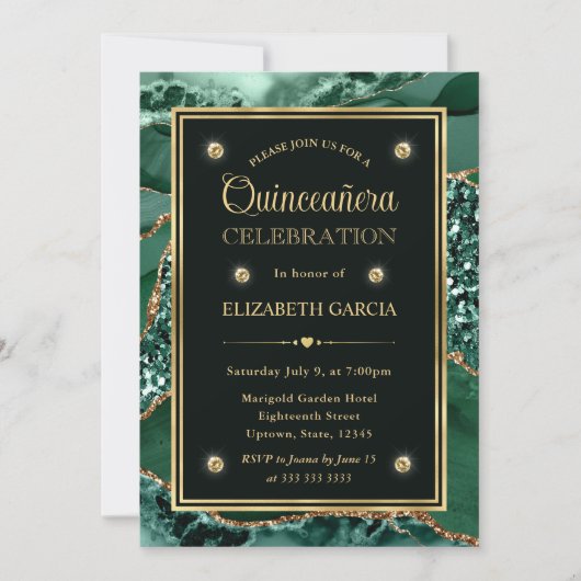 Elegant Green en Gold Glitter Agate Quinceanera Kaart (Voorkant)