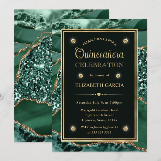 Elegant Green en Gold Glitter Agate Quinceanera Kaart (Voorkant / Achterkant)