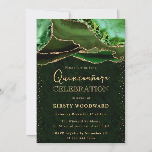 Elegant Green en Gold Glitter Agate Quinceanera Kaart (Voorkant)