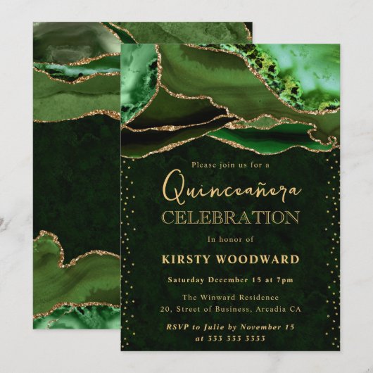 Elegant Green en Gold Glitter Agate Quinceanera Kaart (Voorkant / Achterkant)