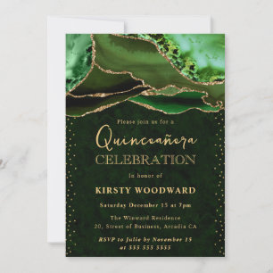 Elegant Green en Gold Glitter Agate Quinceanera Kaart