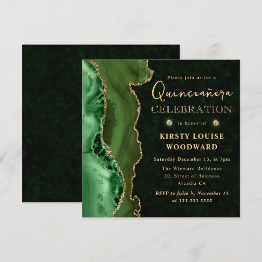 Elegant Green en Gold Glitter Agate Quinceanera Kaart (Voorkant / Achterkant)