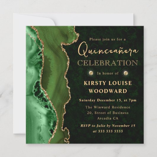 Elegant Green en Gold Glitter Agate Quinceanera Kaart (Voorkant)