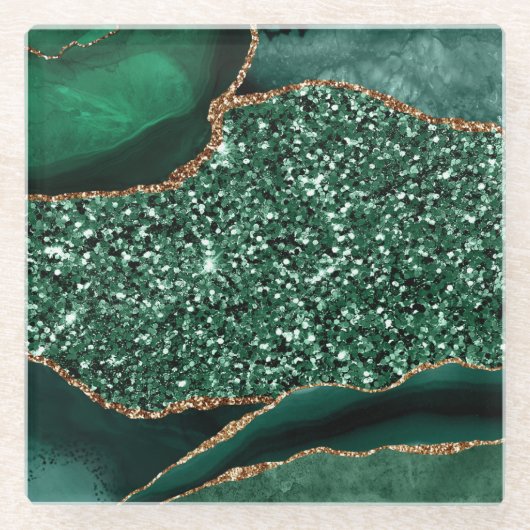 Elegant Green en Gold Glitter Ocean Agate Glazen Onderzetter (Voorkant)