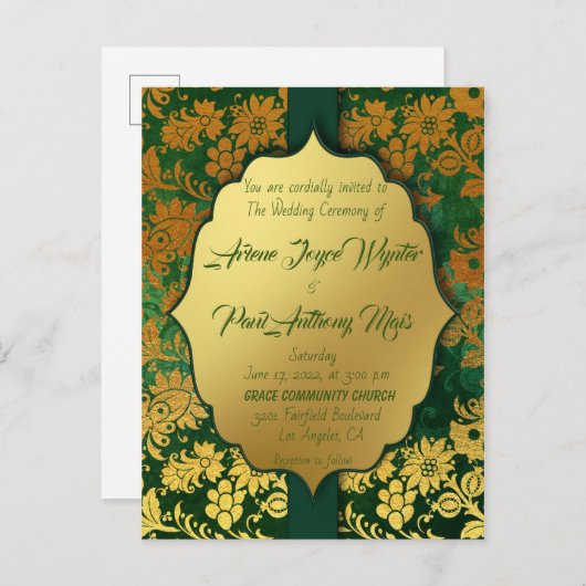 Elegant Green en Gold Invitation Uitnodiging Briefkaart (Voorkant / Achterkant)