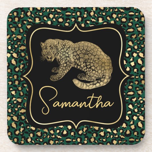 Elegant Green en Gold Leopard en Spots Pattern Bier Onderzetter (Voorkant)