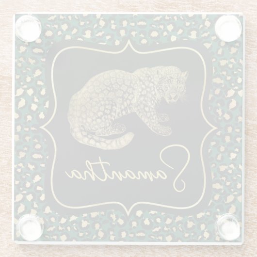 Elegant Green en Gold Leopard en Spots Pattern Glazen Onderzetter (Achterkant)