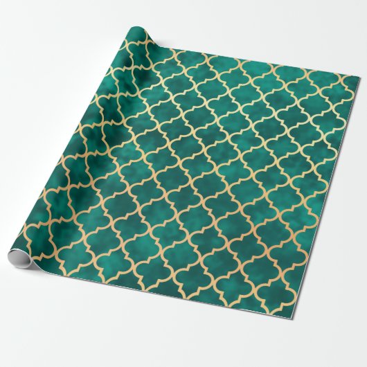Elegant Green en Gold Quatrefoil Art Deco Pattern Cadeaupapier (Uitgerold)
