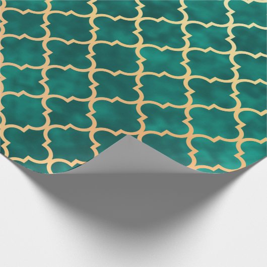 Elegant Green en Gold Quatrefoil Art Deco Pattern Cadeaupapier (Hoek)