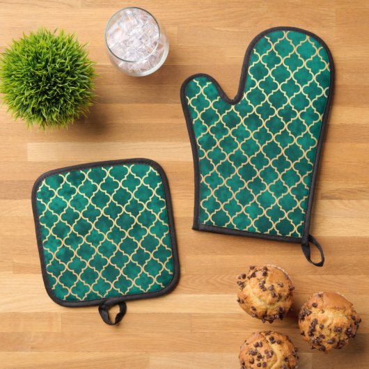 Elegant Green en Gold Quatrefoil Art Deco Pattern Ovenwant & Pannenlap Set (Top down)