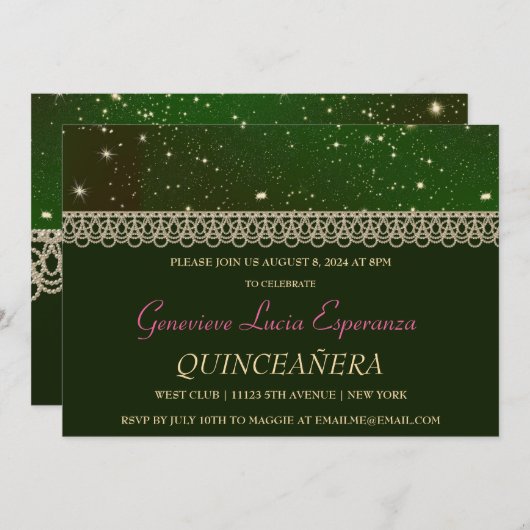 Elegant Green en Gold Quinceañera Uitnodiging (Voorkant / Achterkant)