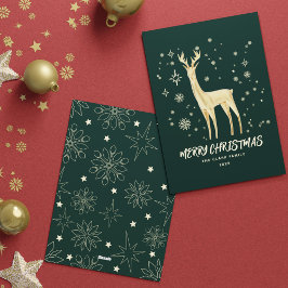 Elegant Green en Gold Reindeer Merry Kerstmis Feestdagenkaart