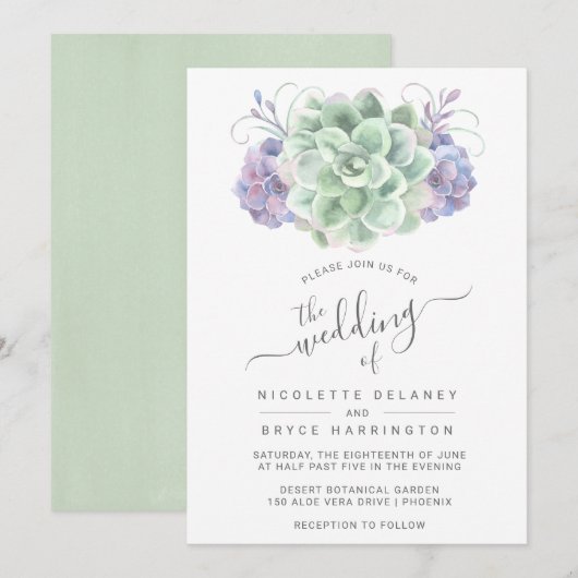 Elegant Green en Paars Succulent Wedding Kaart (Voorkant / Achterkant)