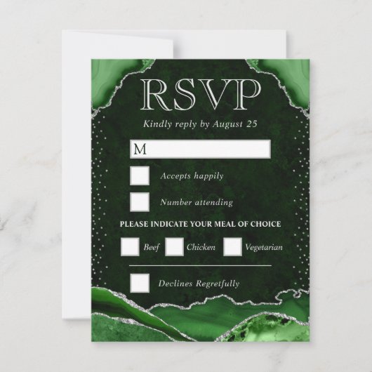 Elegant Green en Silver Glitter Agate Wedding RSVP Kaartje (Voorkant)