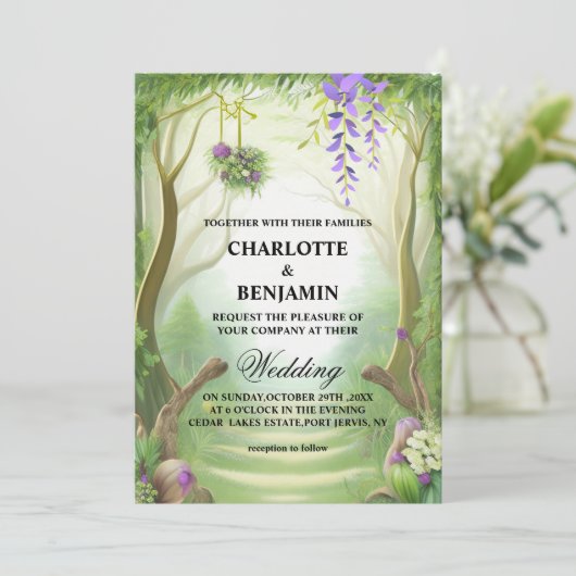 Elegant Green Enchanted Forest Wedding Kaart (Staand voorkant)