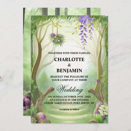 Elegant Green Enchanted Forest Wedding Kaart (Voorkant / Achterkant)