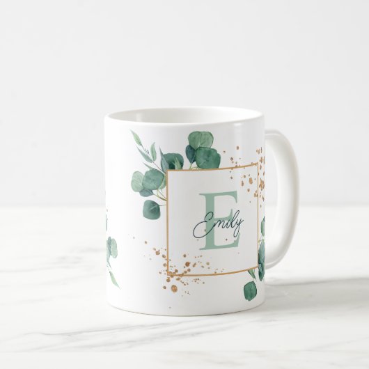 Elegant Green Eucalyptus & Gold Foil Monogram Koffiemok (Voorkant rechts)