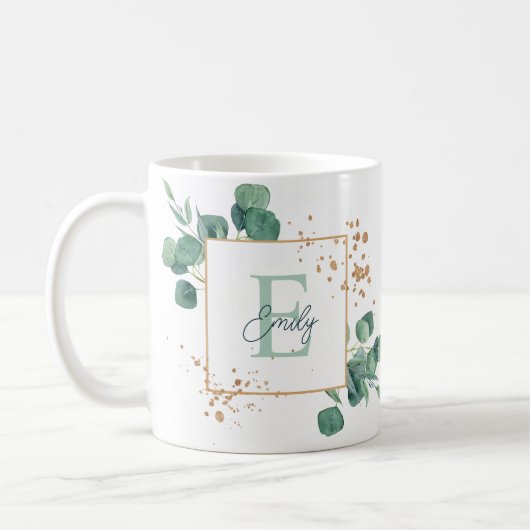 Elegant Green Eucalyptus & Gold Foil Monogram Koffiemok (Links)