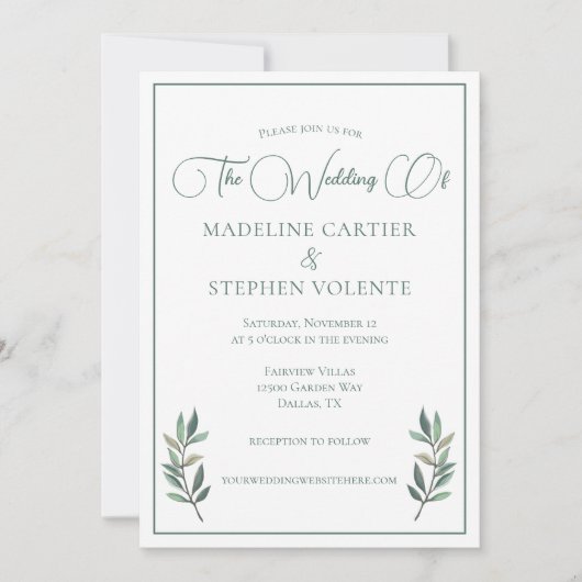 Elegant Green Eucalyptus Leaf Modern Fall Wedding Kaart (Voorkant)