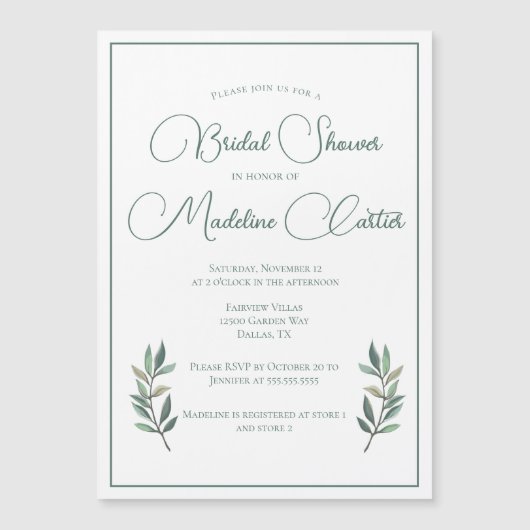 Elegant Green Eucalyptus Leaf Modern Vrijgezellenf Magnetische Uitnodiging (Voorkant)