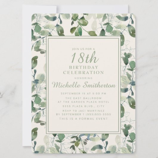 Elegant Green Eucalyptus Leaves 18th Birthday Kaart (Voorkant)
