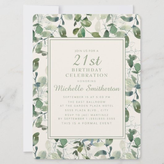 Elegant Green Eucalyptus Leaves 21st Birthday Kaart (Voorkant)