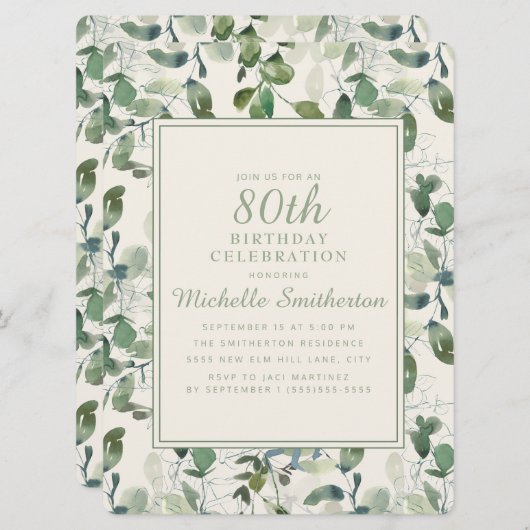 Elegant Green Eucalyptus Leaves 80th Birthday Kaart (Voorkant / Achterkant)