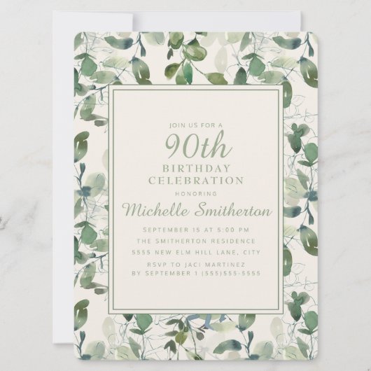 Elegant Green Eucalyptus Leaves 90th Birthday Kaart (Voorkant)