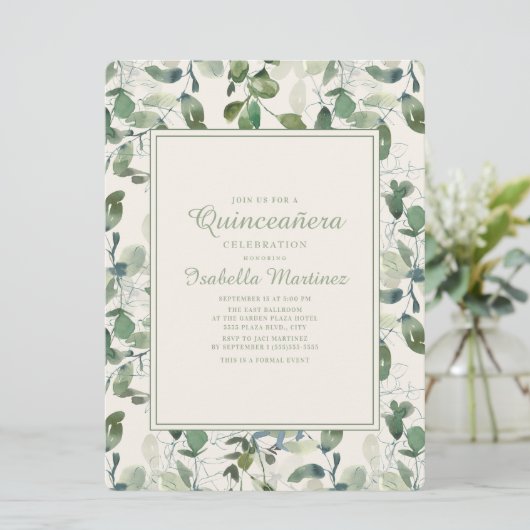 Elegant Green Eucalyptus Leaves Quinceanera Kaart (Staand voorkant)
