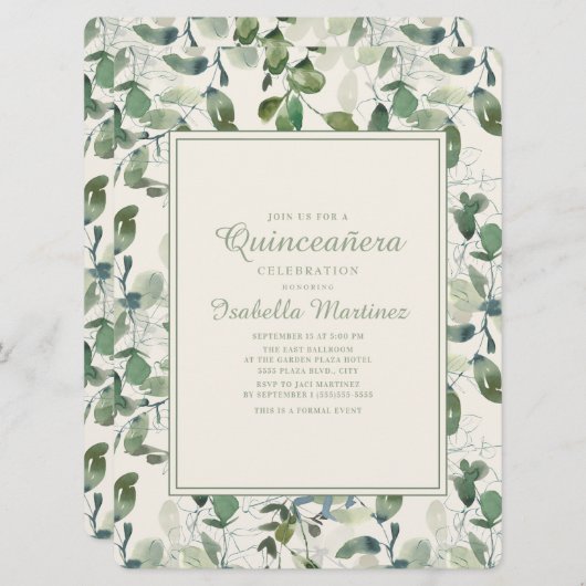 Elegant Green Eucalyptus Leaves Quinceanera Kaart (Voorkant / Achterkant)