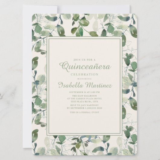 Elegant Green Eucalyptus Leaves Quinceanera Kaart (Voorkant)
