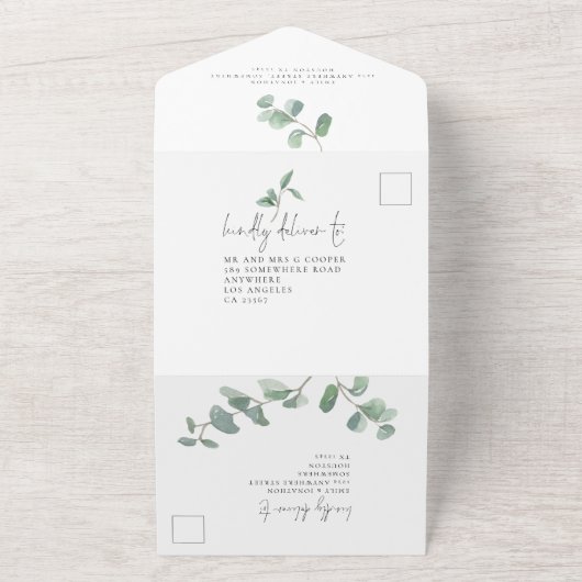 Elegant Green Eucalyptus Script Weddenschap All In One Uitnodiging (Buitenkant)