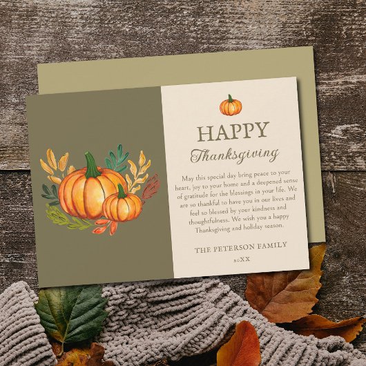 Elegant Green Fall Pumpkin Happy Thanksgiving Card Feestdagenkaart