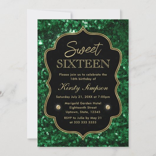 Elegant Green Faux Glitter & Gold Winter Sweet 16 Kaart (Voorkant)