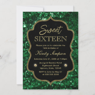 Elegant Green Faux Glitter & Gold Winter Sweet 16 Kaart
