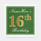 Elegant Green, Faux Gold 16th Birthday + naam Servetten (Voorkant)