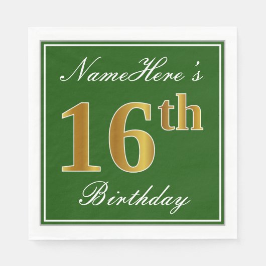 Elegant Green, Faux Gold 16th Birthday + naam Servetten (Voorkant)