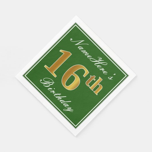 Elegant Green, Faux Gold 16th Birthday + naam Servetten (Hoek)