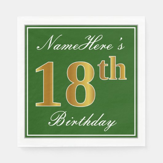 Elegant Green, Faux Gold 18th Birthday + naam Servetten (Voorkant)
