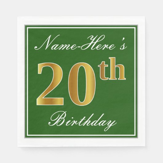 Elegant Green, Faux Gold 20th Birthday + naam Servet (Voorkant)