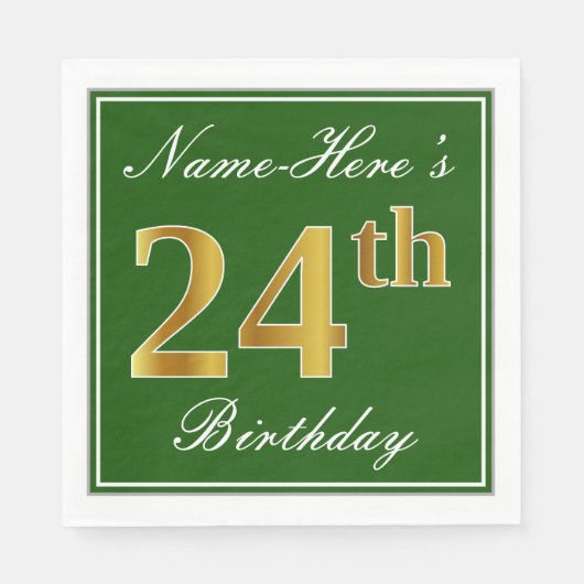 Elegant Green, Faux Gold 24th Birthday + naam Servet (Voorkant)