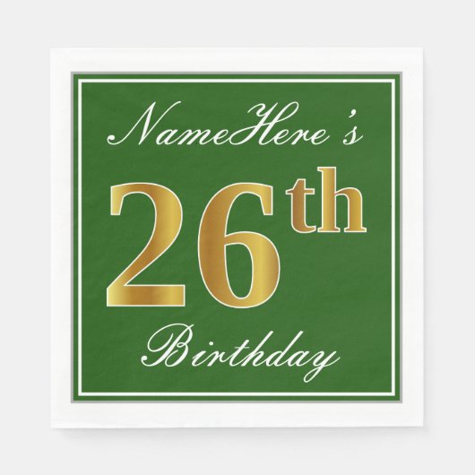 Elegant Green, Faux Gold 26th Birthday + naam Servet (Voorkant)