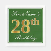 Elegant Green, Faux Gold 28th Birthday + naam Servet (Voorkant)